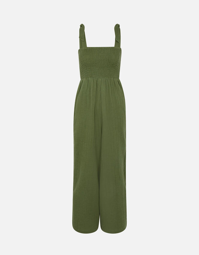 Seersucker Tie Shoulder Jumpsuit, Green (KHAKI), large
