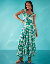 Fan Print Beaded Tiered Dress, Blue (BLUE), large