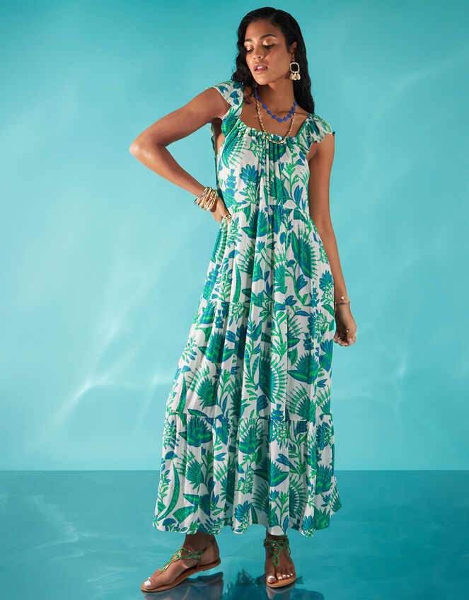 Fan Print Beaded Tiered Dress, Blue (BLUE), large