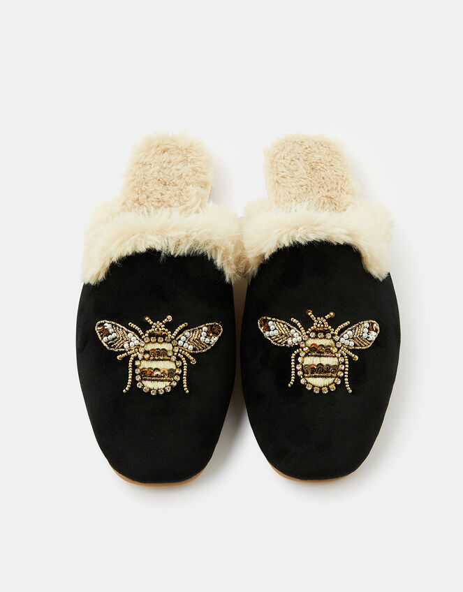 Embellished Bee Mule Slippers, Black (BLACK), large
