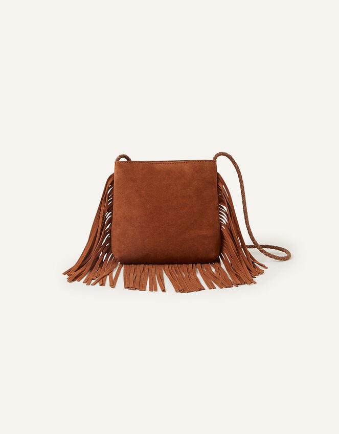 Leather Fringe Cross-Body Bag, Tan (TAN), large
