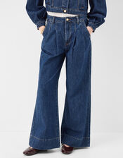 Pleat Waist Wide Leg Jeans, Blue (BLUE), large