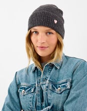 Heart Embroidered Beanie Hat, Grey (GREY), large