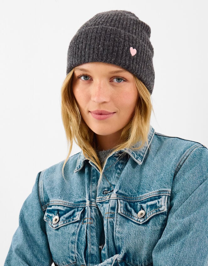 Heart Embroidered Beanie Hat, Grey (GREY), large