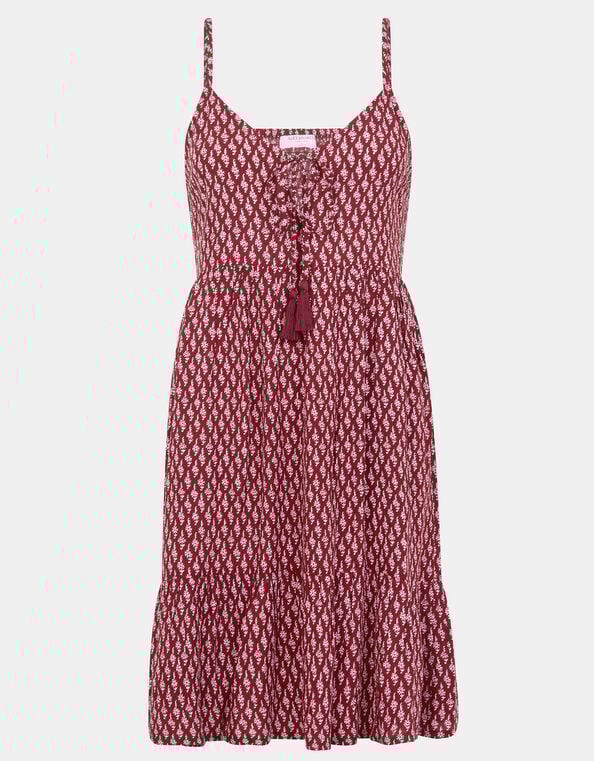Flower Print Mini Dress, Red (BURGUNDY), large