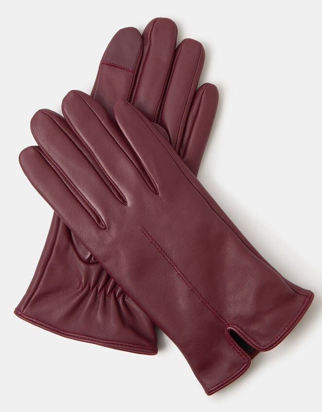 Fleece Lined Touchscreen Leather Gloves, Red (BURGUNDY), large