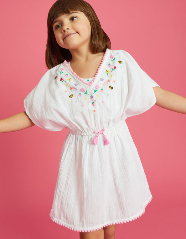 Girls Floral Embroidered Kaftan Dress, White (WHITE), large