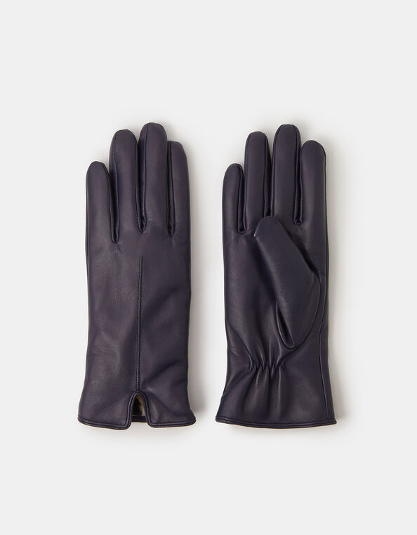 Faux Fur Lined Leather Gloves, Blue (NAVY), large