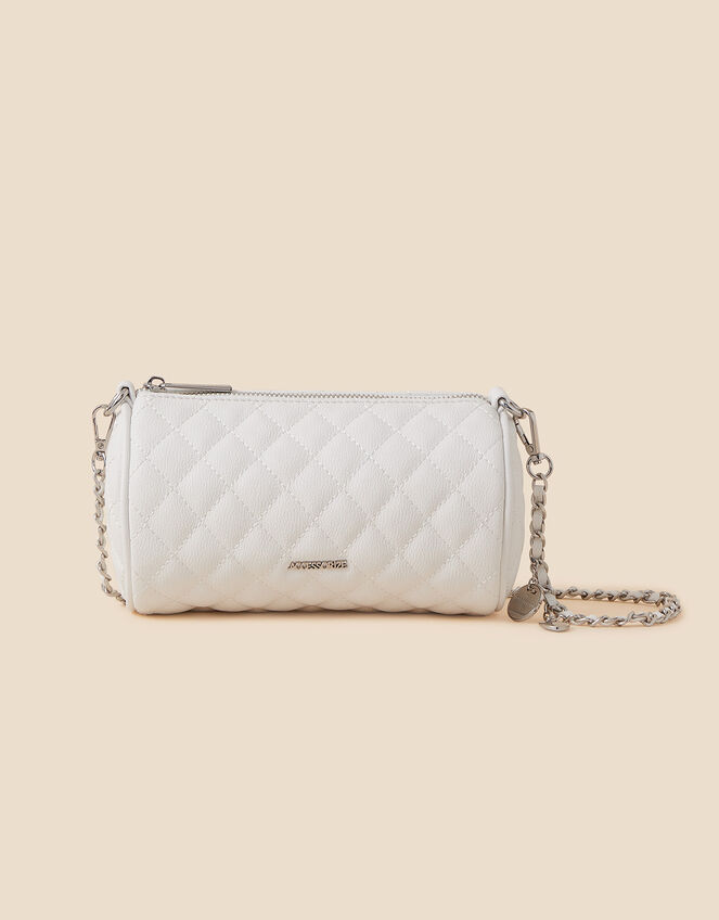 Quilted Barrel Cross-Body Bag, White (WHITE), large
