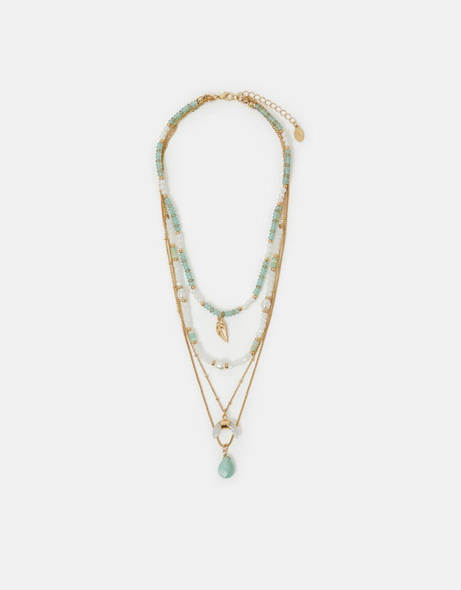 Feather Pendant Bead Layered Necklace Turquoise, , large