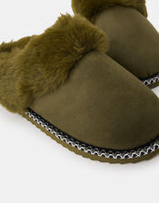 Faux Fur Lined Mule Slippers, Green (KHAKI), large