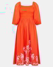 Palm Embroidered Puff-Sleeve Midi Dress, Orange (CORAL), large