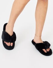 Laura Fluffy Thong Slippers, Black (BLACK), large