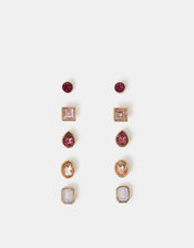 5-Pack Gem Stud Earrings Pink, , large