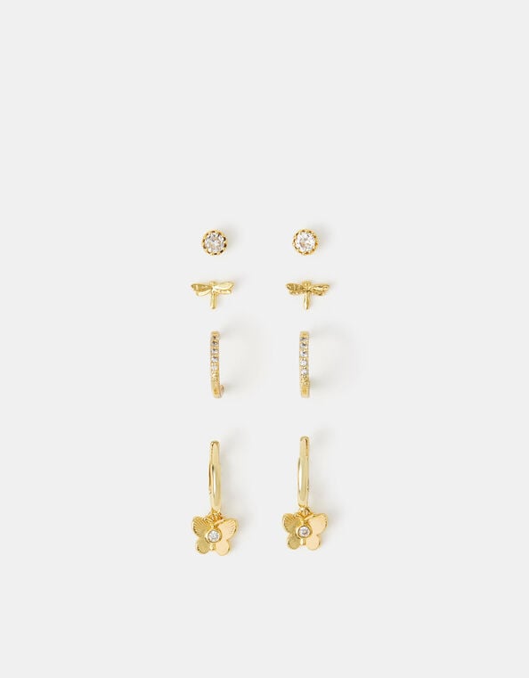 4-Pack 14ct Gold-Plated Dragonfly Stud & Hoop Earrings, , large
