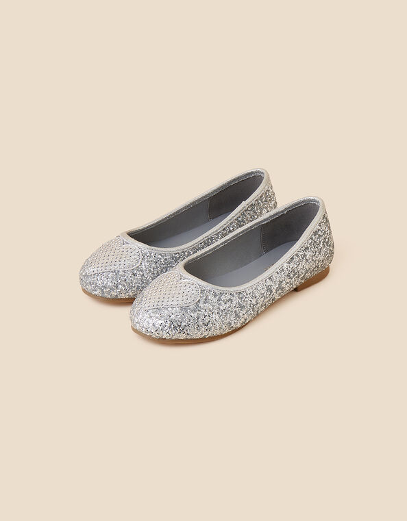 Girls Glitter Heart Ballerina Flats, Silver (SILVER), large