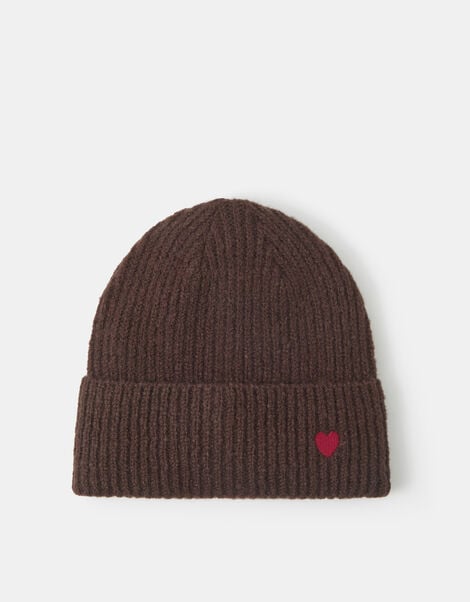 Heart Embroidered Beanie Hat, Brown (CHOCOLATE), large