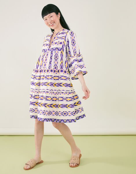 Printed Jacquard Flute Sleeve Dress, Yellow (YELLOW), large