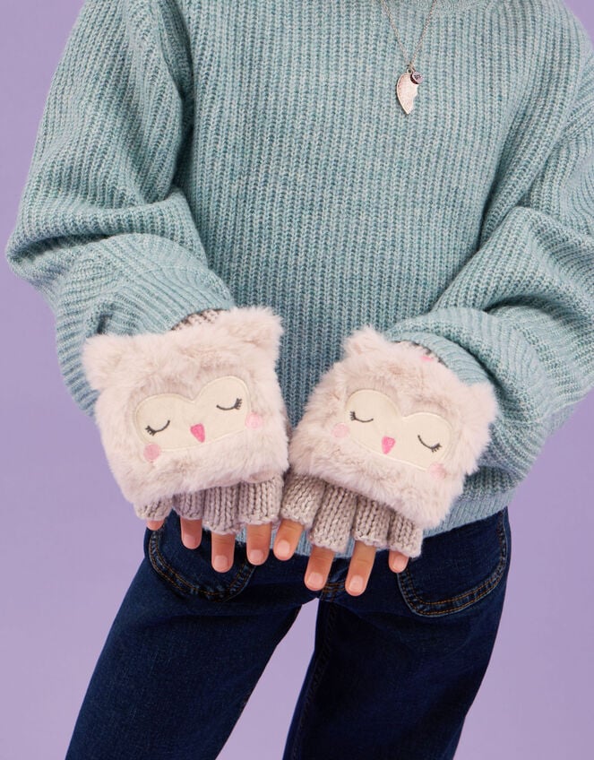 Girls Fluffy Owl Fingerless Gloves with Mittens, Natural (NATURAL), large