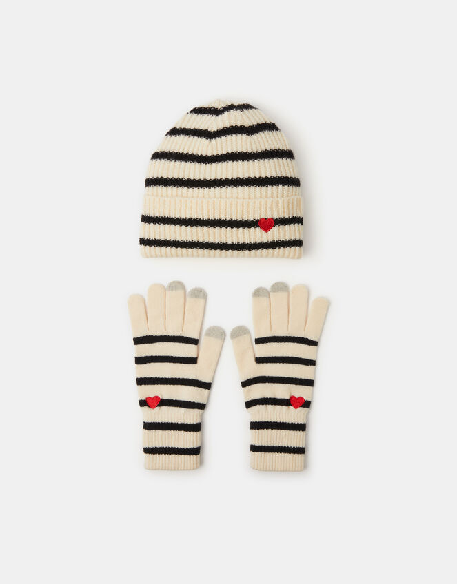 Stripe Heart Beanie Hat & Gloves Set, , large