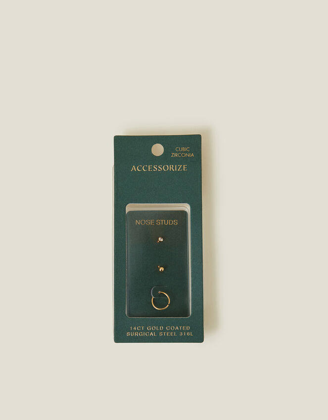 3-Pack 14ct Gold-Plated Surgical Steel Nose Studs, , large
