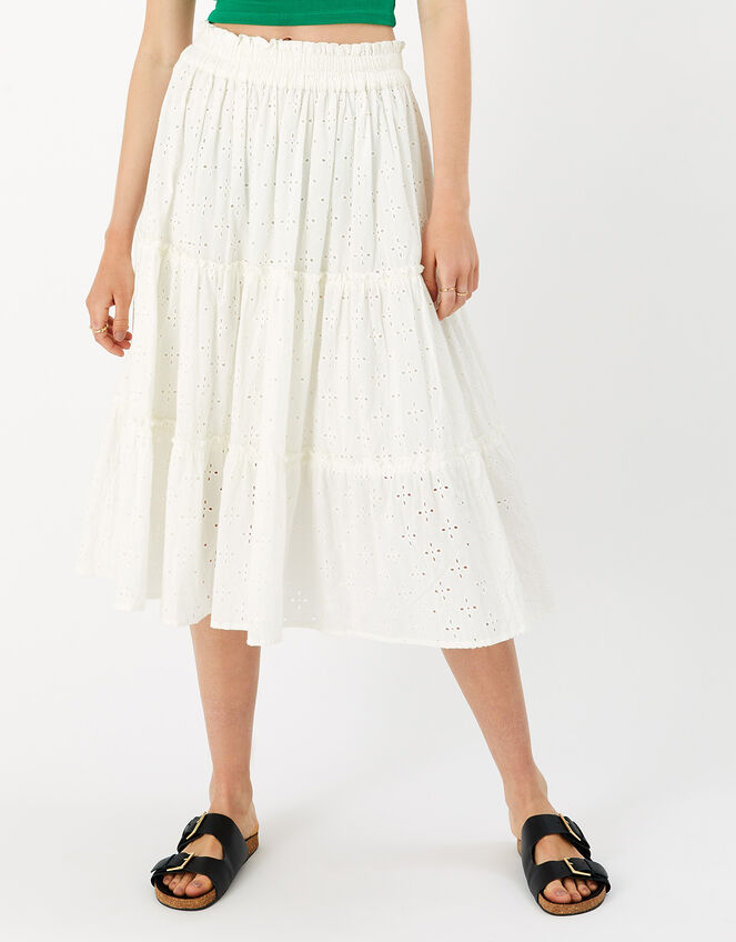 Floral Broderie Tiered Skirt, Ivory (IVORY), large