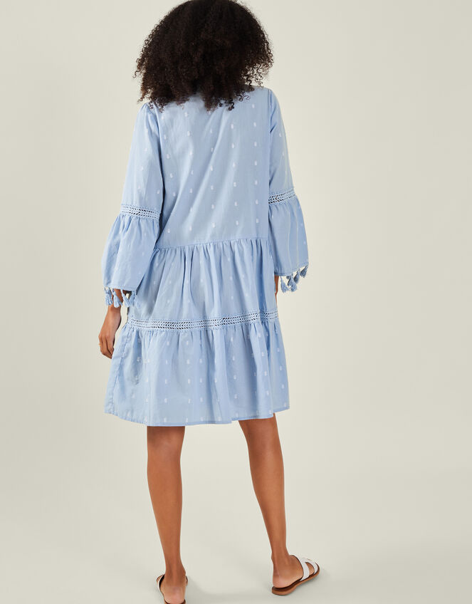 Flute Sleeve Tassel Tiered Mini Dress, Blue (BLUE), large