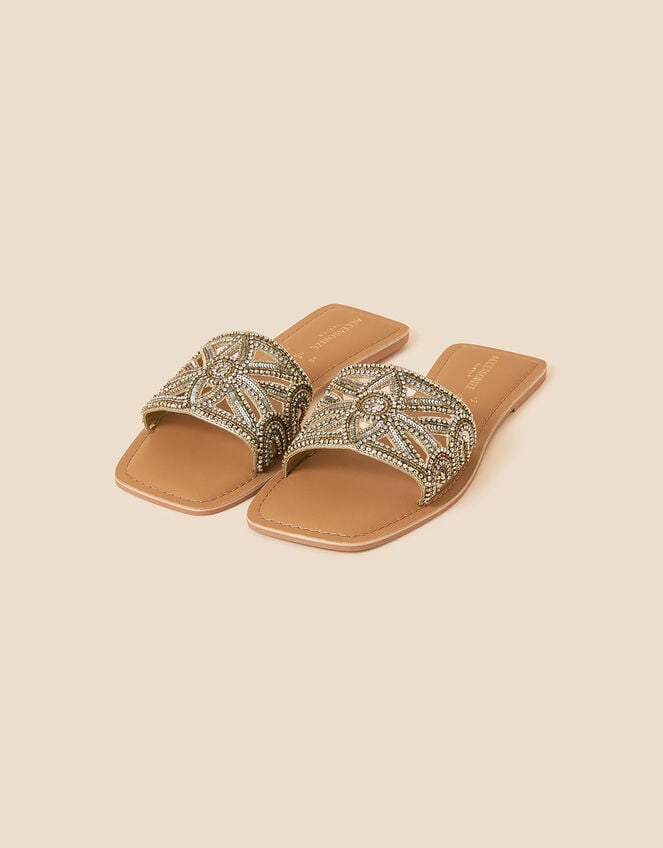 Flower Embellished Diamante Sliders, Gold (GOLD), large