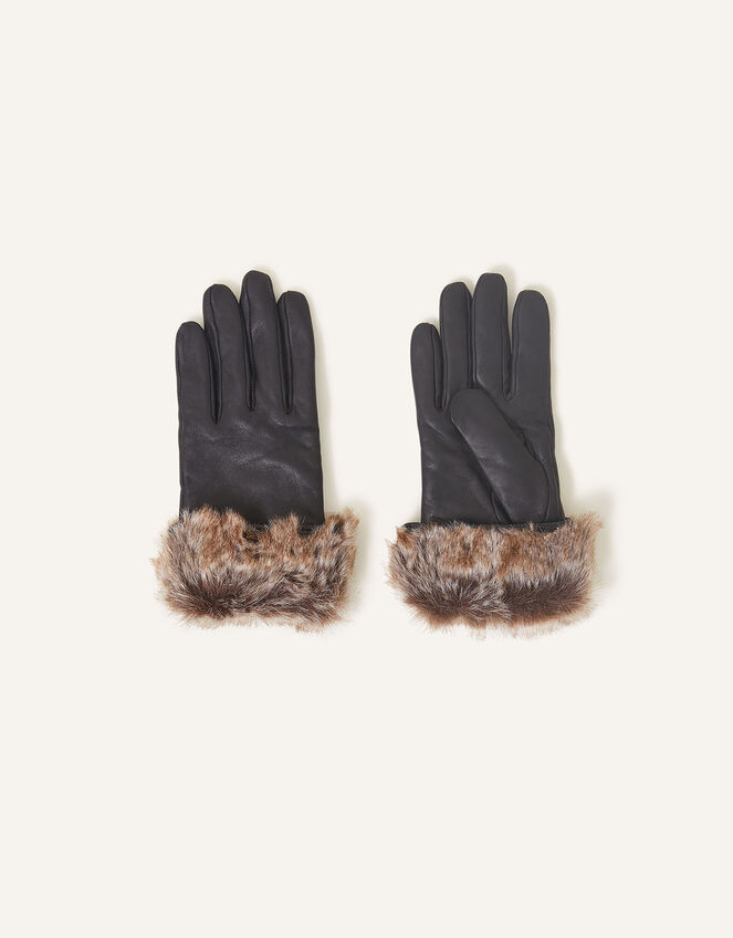 Faux Fur Trim Leather Gloves, Black (BLACK), large