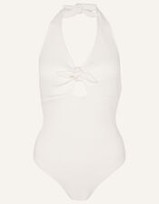 Rib Halter Neck Bunny Tie Swimsuit, White (WHITE), large