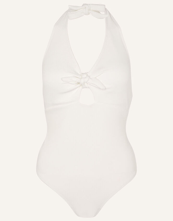 Rib Halter Neck Bunny Tie Swimsuit White, Swimsuits