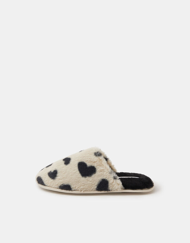 Heart Fluffy Mule Slippers, Black (BLACK WHITE), large