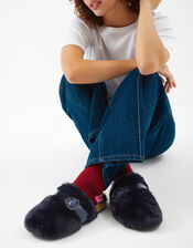 Sparkle Buckle Faux Fur Slippers, Blue (NAVY), large