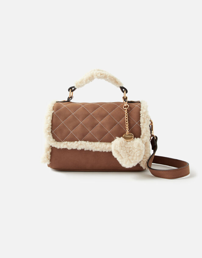 Faux Shearling Top Handle Bag, , large