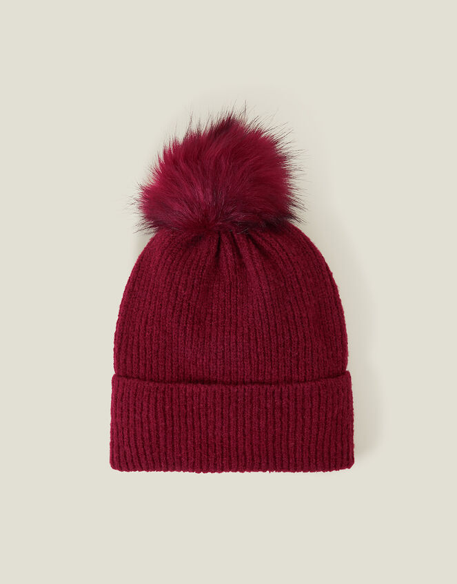 Faux Fur Pom Rib Beanie Hat, Red (BURGUNDY), large