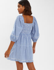 Puff-Sleeve Gingham Mini Dress, Blue (BLUE), large
