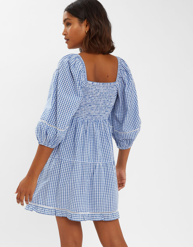 Puff-Sleeve Gingham Mini Dress, Blue (BLUE), large
