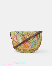 Embroidered Raffia Crossbody Bag, , large