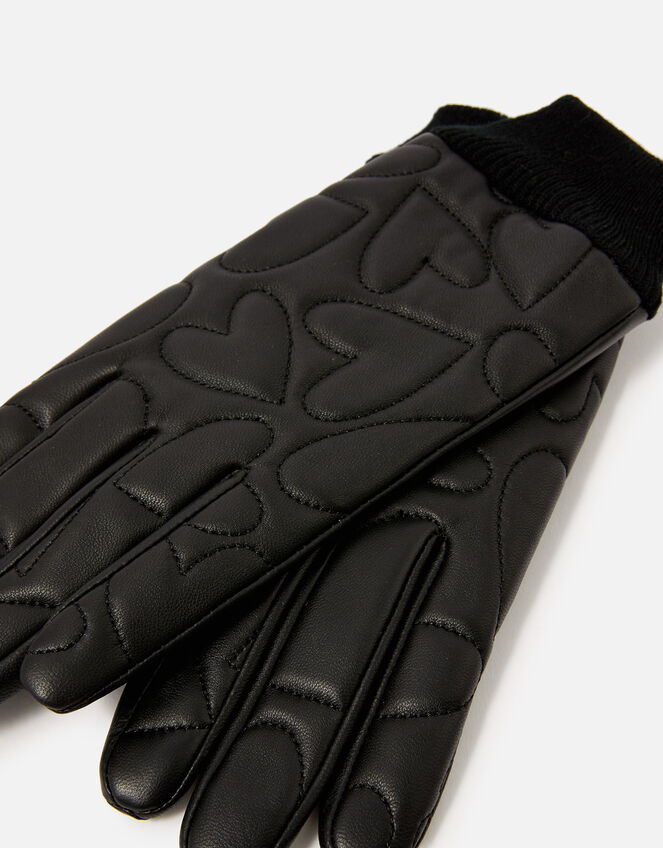 Heart Embossed Leather Gloves, Black (BLACK), large