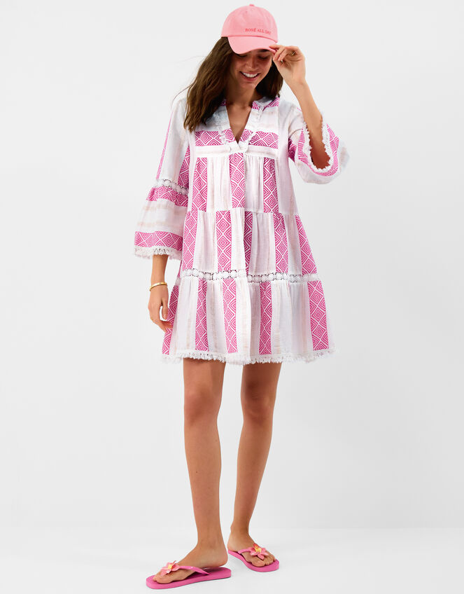 Flute Sleeve Jacquard Shimmer Mini Dress, Pink (PINK), large