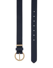 Round Buckle Leather Belt, Blue (NAVY), large