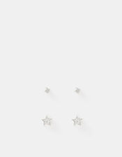 2-Pack Sterling Silver Diamanté & Star Stud Earrings, , large