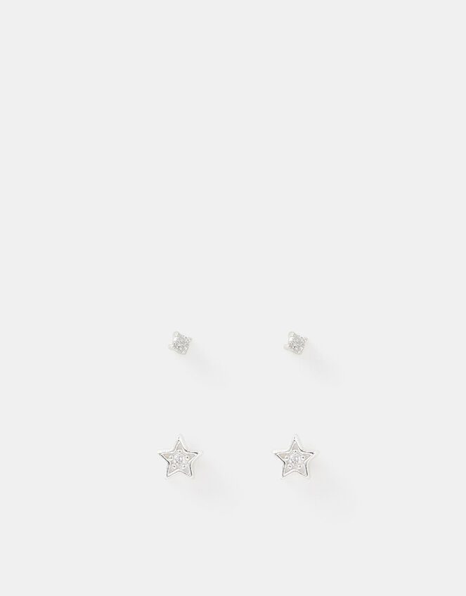 2-Pack Sterling Silver Diamanté & Star Stud Earrings, , large
