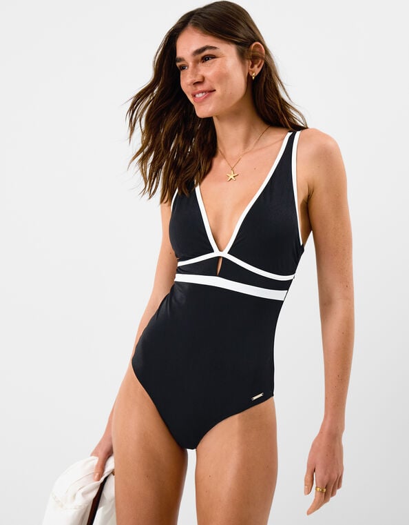 UPF50+ Contrast Plunge Shaping Swimsuit, Black (BLACK), large