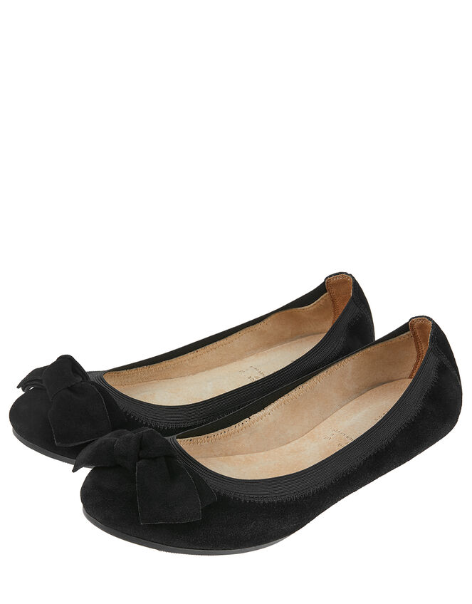 Suede Elasticated Ballerina Flats with Bow, Black (BLACK), large