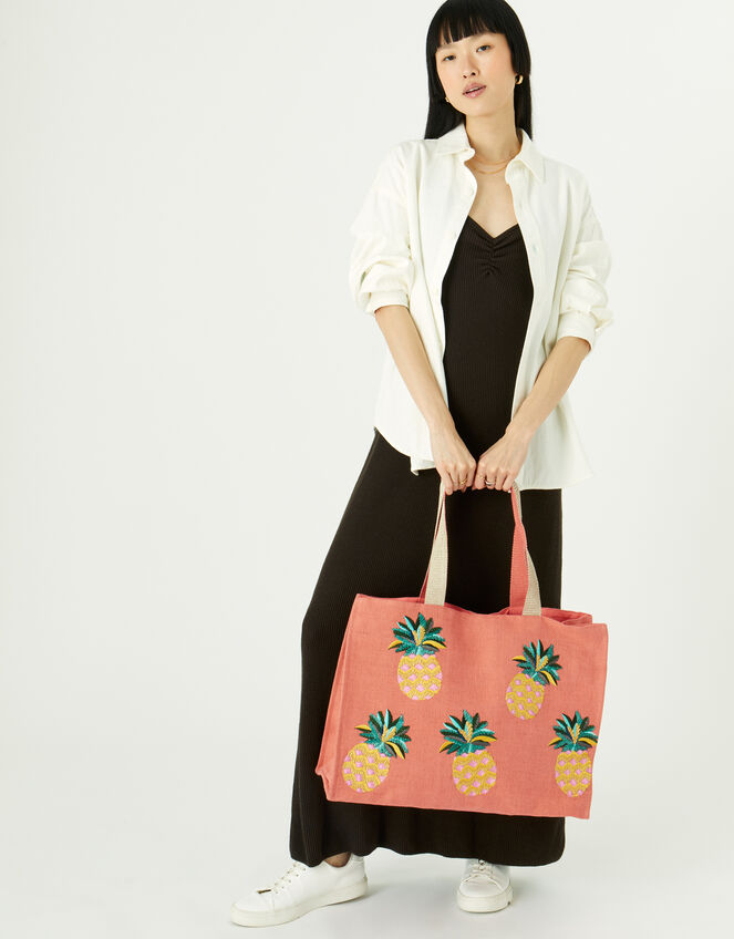 Embroidered Pineapple Tote Bag, , large