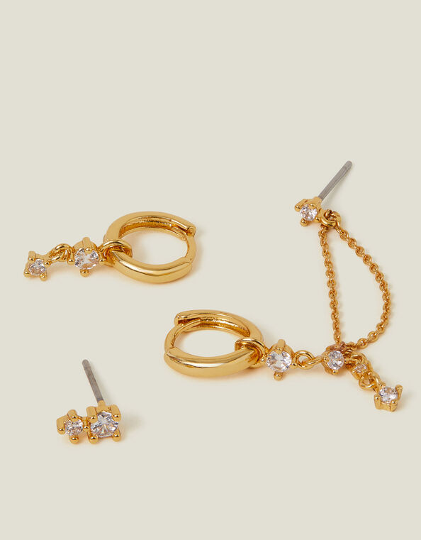 3-Pack 14ct Gold-Plated Sparkle Chain Hoop Earrings, , large