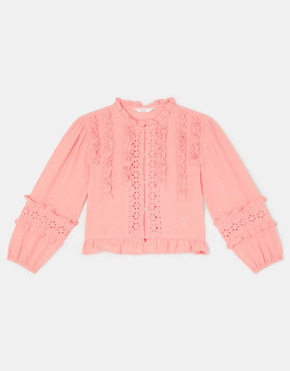 Girls Broderie Ruffle Top, Pink (PINK), large