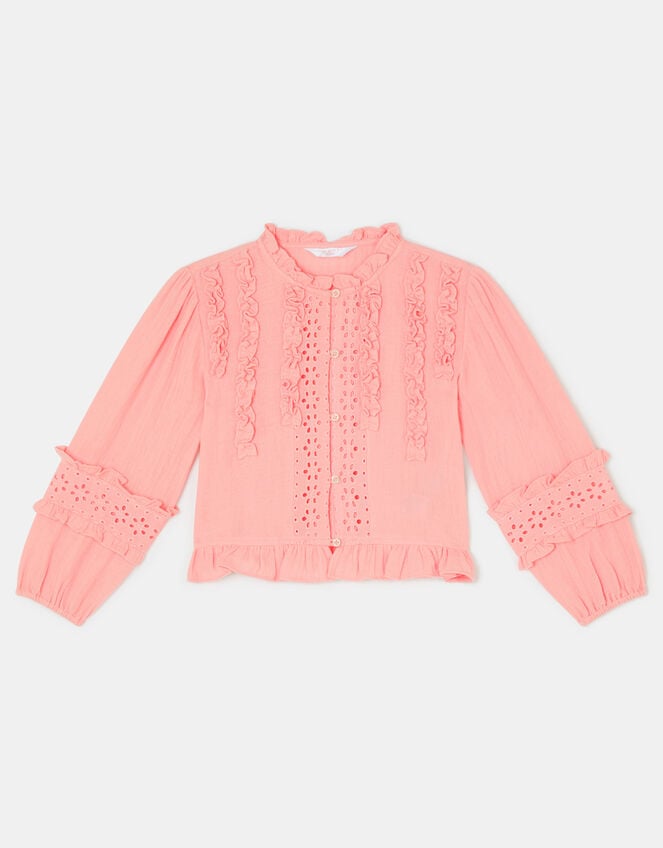Girls Broderie Ruffle Top, Pink (PINK), large