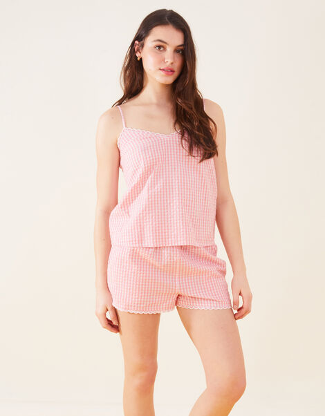 Gingham Scallop Trim Vest Pyjama Set, Orange (CORAL), large